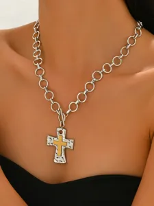 Close-up of a stylish alloy cross pendant necklace featuring chunky chain and minimalist OT clasp.