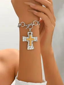 Chunky chain bracelet with hammered cross pendant, stylish OT clasp metallic wrist jewelry