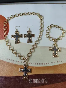 Gold cross pendant necklace earrings bracelet set stylish fashion jewelry for women accessories