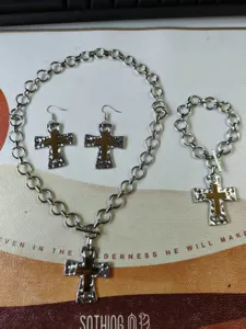 Cross necklace earrings bracelet set silver alloy gothic jewelry accessory detail view