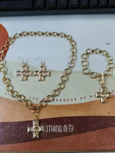 Gold Cross Necklace Bracelet Earrings Set Minimalist Alloy Jewelry Gift for Women Daily Wear
