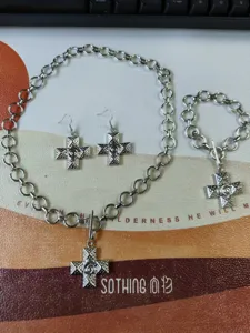 Gothic cross alloy necklace bracelet earrings jewelry set minimalist OT buckle trendy suit