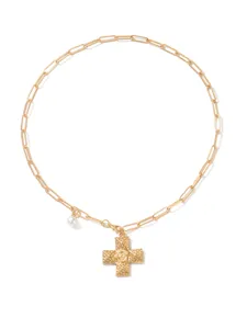 Detailed view of the trendy gold paperclip chain necklace featuring a vintage cross pendant and pearl charm.