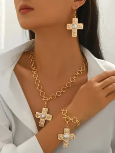 Fashion cross pendant necklace earrings bracelet set with pearls and OT buckle closure.