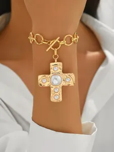 Chic gold-tone alloy chain necklace featuring a vintage pearl-inlaid cross pendant.