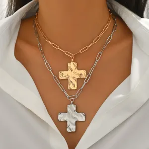 Layered cross necklace set with gold and silver paperclip chains for women trendy daily wear