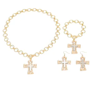 Trendy gold cross pendant necklace bracelet and earrings jewelry set for women fashion