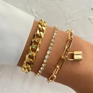 Set di Bracciali a Catena Multistrato Stile Punk Lega Strass Ciondolo Lucchetto Gioiello da Polso per Donna Festa