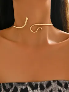 Gold snake choker necklace, statement metallic collar detail, elegant fashion neck jewelry.