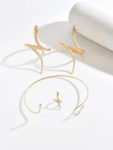 Exquisite gold snake jewelry set including ring, earrings, and arm cuff for women fashion.