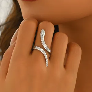 Vintage silver snake open ring for women, exaggerated metal animal finger jewelry, main view.