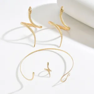 Exquisite gold snake jewelry set featuring a coiled arm cuff, ring, and earrings.