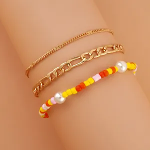 Multi Layered Bracelet Set Alloy Chain Beaded Artificial Pearl Adjustable Fashion Jewelry For Women