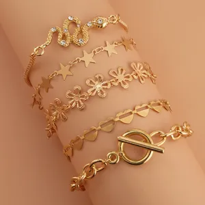 Multi-layer Rhinestone Snake Star Clover Heart Chain Bracelet Set Gold Silver Rose Gold Alloy Fashion Jewelry For Women