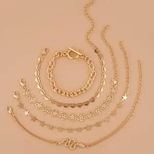 5-piece gold bracelet set featuring vintage snake star clover and heart charms fashionable jewelry