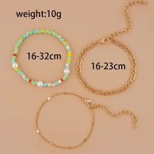 Women 3-piece handmade colorful seed bead pearl bracelet set gold chain jewelry 16-32cm