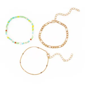 3-Piece Boho Seed Bead & Gold Chain Bracelet Set Fashion Stackable Jewelry for Women