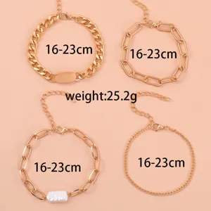 Detailed view of 4-piece gold chain bracelet set with pearl accents, adjustable length.