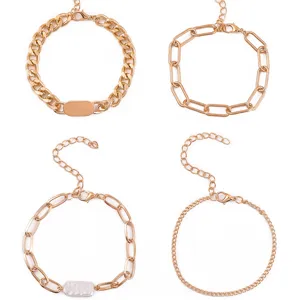 Set of four stylish gold chain bracelets for women, featuring chic chunky and delicate link designs.