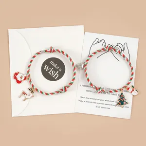 Christmas Magnetic Couple Bracelets Alloy Braided Rope Santa Claus Elk Snowman Charm Matching Bracelets For Holiday Gift