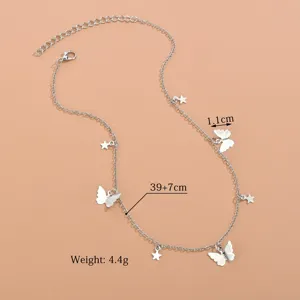 Silver butterfly necklace with star pendants, minimalist clavicle chain style, adjustable length.