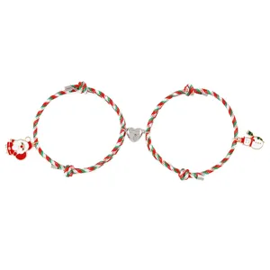 Christmas magnetic couple braided bracelet set with Santa and snowman pendants for holiday gifts