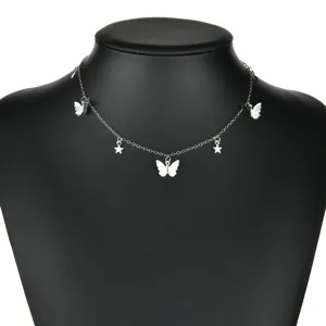 Silver butterfly star choker necklace for women delicate fashion jewelry detail shot