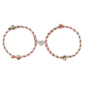 Close-up detail of Christmas magnetic matching braided rope bracelet with heart clasp.
