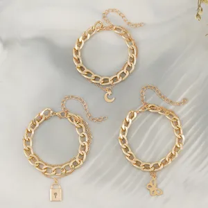 Set di Bracciali a Catena Grossa per Donne Multistrato Placcato Oro Luna Serratura Farfalla Ciondolo Bracciali Gioielli