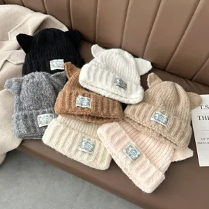 Bonnet tricoté oreilles de chat femme hiver chaud epais bonnet pull casquette de loisir
