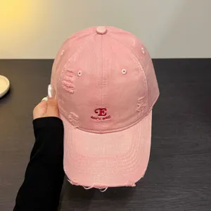 Gorra de béisbol rosa desgastada para mujer con bonito bordado, sombrero de sol vintage informal.