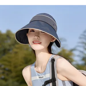 Detailed view of the wide brim empty top sun hat in dark grey, ideal for outdoor UV protection.