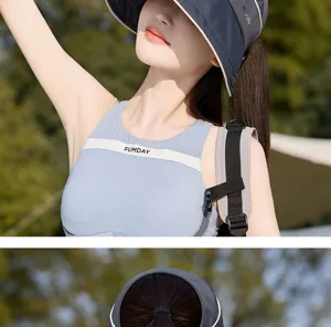 Detailed view of the wide brim sun visor hat with half-mesh design for outdoor cooling protection.