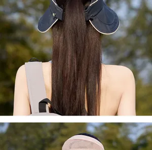 Outdoor sun protection empty top hat detail view, featuring wide brim and adjustable back snap.