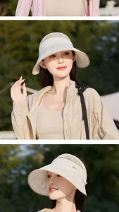 Detailed view of the wide brim empty top sun hat with mesh design for outdoor women's summer use.