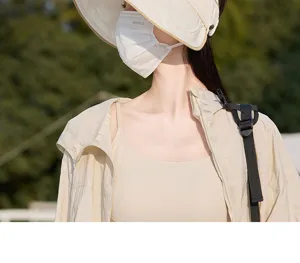 Womens empty top sun hat anti-UV visor outdoor sun protection jacket with mask set new