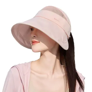 Women wide brim empty top sun hat with breathable mesh and UV protection for outdoor travel.