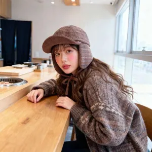 Koreanischer Stil Herbst Winter Pluesch Ohrklappe Trapper Hut warme braune Karo Bombermuetze