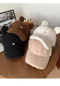 Jolie casquette de baseball en peluche avec jolies oreilles et broderie coeur mode hiver automne.