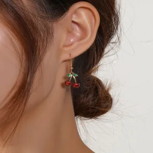Orecchini pendenti con ciliegie tropicali per donne, gioielli di frutta dorati alla moda.
