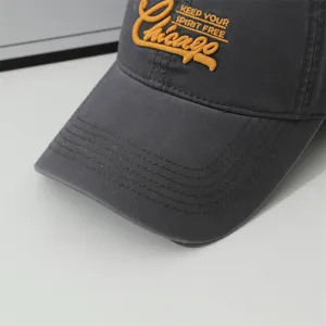 Dark grey cotton baseball cap detail showcasing exquisite Chicago letter embroidery design.