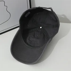Dark grey baseball cap interior detail view, soft top design with adjustable metal strap.