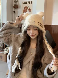 Cozy fluffy knit bear ear hat with braided tassels, cute winter warm slouchy beanie cap.