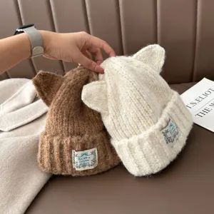 Femmes Hiver Chaud Bonnet en Tricot Mignon Design Oreille de Chat Épaissis Coupe-Vent Pull Casquette Oreillettes Casual Mode