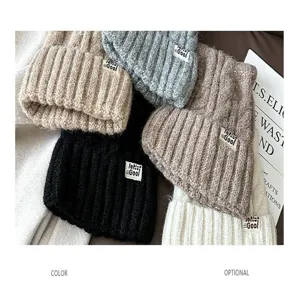 Stylish autumn winter knitted hat for women, warm cute beanie cap with letter label design.
