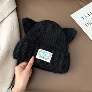 Femme hiver chaud bonnet en tricot oreilles de chat mignon épais doux décontracté mode.