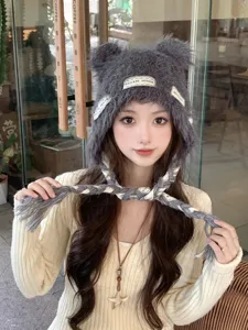 Cute grey furry knit bear ear beanie hat with braided straps for women winter warm stylish