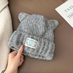 Bonnet tricoté oreilles de chat gris pour femmes, chapeau d'hiver chaud et épais casual.