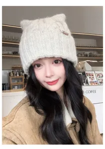 Korean style autumn winter knit beanie hat cute cat ear warm wool pullover cap for women detail