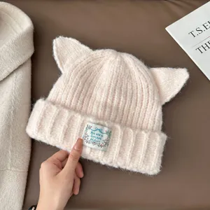 Joli bonnet en tricot oreilles de chat femme, doux chaud hiver pull chapeau, casquette épaisse.
